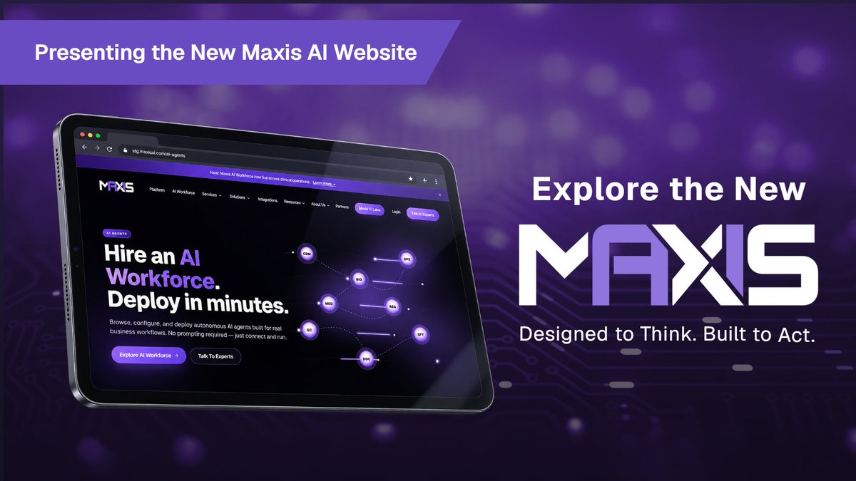 MaxisAIInc's tweet photo. The new Maxis AI website is live.

Explore how our AI Workforce enables supervised, governed execution across clinical trial workflows.

🌐 https://t.co/DHQwrV4DA9

#ClinicalTrials #AIWorkforce #LifeSciences #ClinicalOperations https://t.co/dLrzGGlKX9