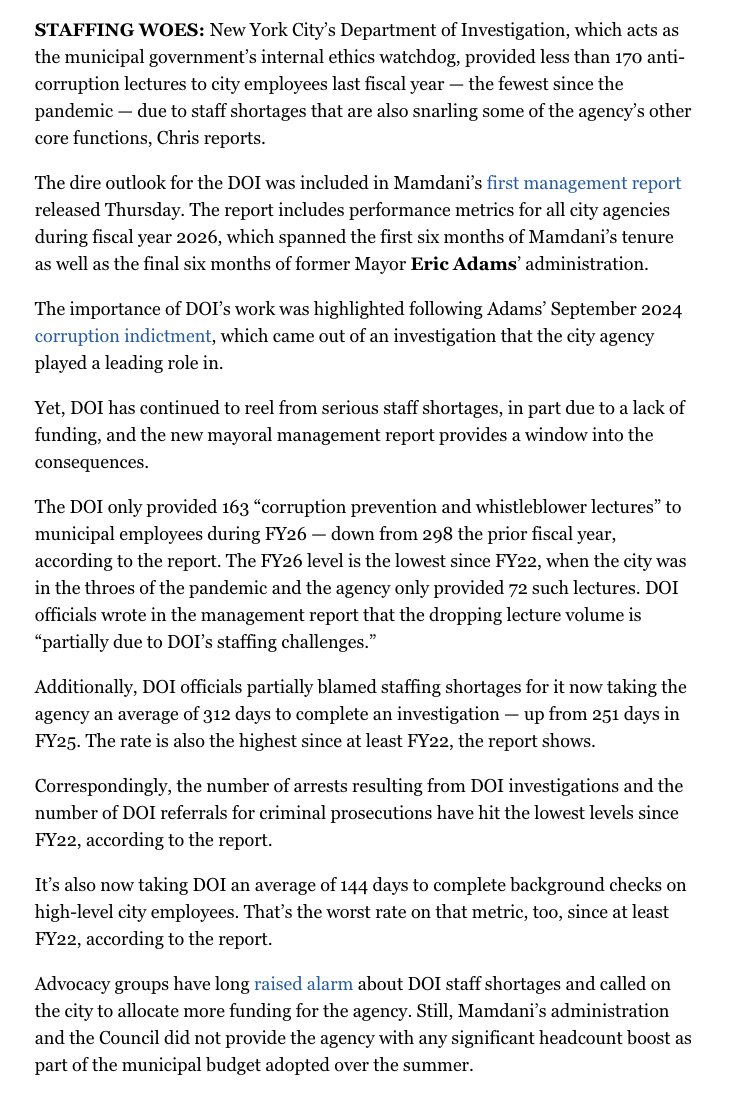 C_Sommerfeldt's tweet photo. NYC's Department of Investigation provided fewer than 170 anti-corruption lectures to city employees last fiscal year — the fewest since the pandemic — due to staff shortages that are also snarling some of the agency’s other core functions.

https://t.co/EQnOE7qBJ2 https://t.co/Dxq8uaAwkJ