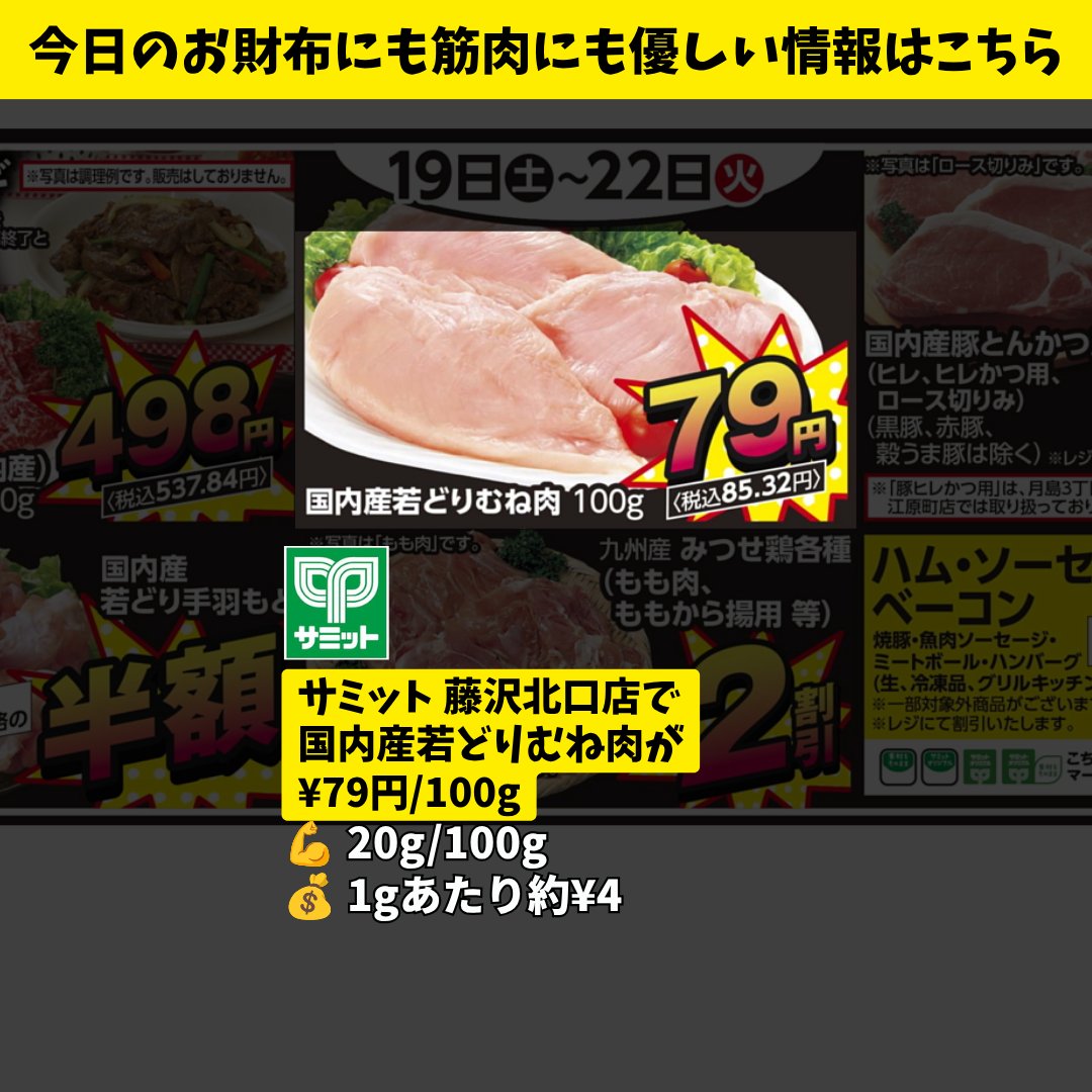 fff_triplef's tweet photo. 🛒本日の藤沢たんぱく質情報（9/22 火）

サミット藤沢北口店
・国産若どりむね肉 ¥79/100g

昨日は台風で大変でしたね。鎌倉がすごいことになっていました😱
こういうこともあるので、缶詰など簡単に食べられるタンパク質を日頃から蓄えておきましょう！ https://t.co/kO92RC2XNu
