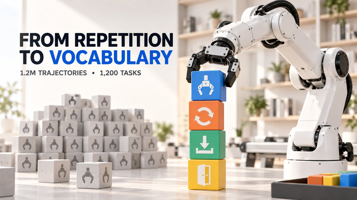 2mrpc's tweet photo. A robot can repeat the same movement a million times.

It may have a massive pile of data, but still only a one-word vocabulary.

In short, a million repetitions do not always create a versatile robot. Sometimes they just train an expert that is a little too committed to its job. 😄

What caught my attention about the next-generation Franka Dataset being developed by @axisrobotics is not only the trajectory count, but the task diversity:

📦 1.2 million trajectories
🧩 1,200 different tasks
🦾 Broader atomic skill coverage

A million repetitions can give a robot muscle memory.
1,200 different tasks give it a skill vocabulary.
Because atomic skills such as reaching, grasping, rotating, or placing are not limited to a single task.

As the model learns these small pieces, it can recombine them for more complex jobs. Just like forming different sentences with the same words. 🧠
The Franka dataset family reaching 160K+ downloads is the other half of the story.

The data no longer stays only inside #Axis’ own loop. Universities and companies are using it in World Model, WAM, and VLA research. 🔄

So Axis is not merely building a larger data repository.

It is growing a shared skill library where others can also teach robots to form new sentences. 📚

The general-purpose robots of the future will need not only strong arms, but also a broad vocabulary.
