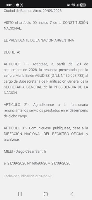 FUNDIDOSxMILEI's tweet photo. ⚠️🚨 RAJARON (hicieron presentar la renuncia)  la mano derecha d la COIMERA Karina x el escándalo en la quinta Olivos. La salida d la subsecretaria fue publicada en el Boletín Oficial después del ESCÁNDALO..  

👀 María Belén Agudiez es cuñada d Osvaldo Javier Sosa, a quien hizo nombrar Intendente d la quinta.
Laura Villegas y Camila Zapata (pareja d Sosa) eran empleadas d importancia: responsables d las fiestas y eventos q se realizaban bajo la supervisión d Agudiez.

✅Había contratado a varios familiares para trabajar en la residencia, también hizo q contrataran a sus primos, su hermana y su madre para distintas tareas d mantenimiento, limpieza y administración de la residencia..

Una verdadera libertaria d la CASTA d @JMilei y la COIMERA Karina Milei‼️

#BuenLunes #21deSeptiembre Feliz Primavera
