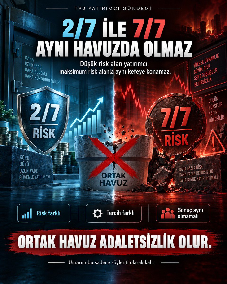 teramagdurlari's tweet photo. Eğer konuşulan “ortak havuz” iddiası doğruysa, bu ciddi bir adaletsizlik yaratır. 7/7 risk alan yatırımcıyla 2/7 risk alan yatırımcı aynı kefeye konamaz. Herkes aynı riski almadı, aynı ürünü seçmedi. Düşük risk tercih eden yatırımcı neden en yüksek riski alanla aynı havuza girsin? Umarım bu sadece kulis olarak kalır.

Şu an suçlu olanlar konunun sulandırılması ve odağın başka yere kaymasını bekliyor. Buna izin vermeyeceği. Sesimizi duyuracağız. 

Lütfen takip ve RT ile destek olunuz. #tp2 #TeraFonMağdurları