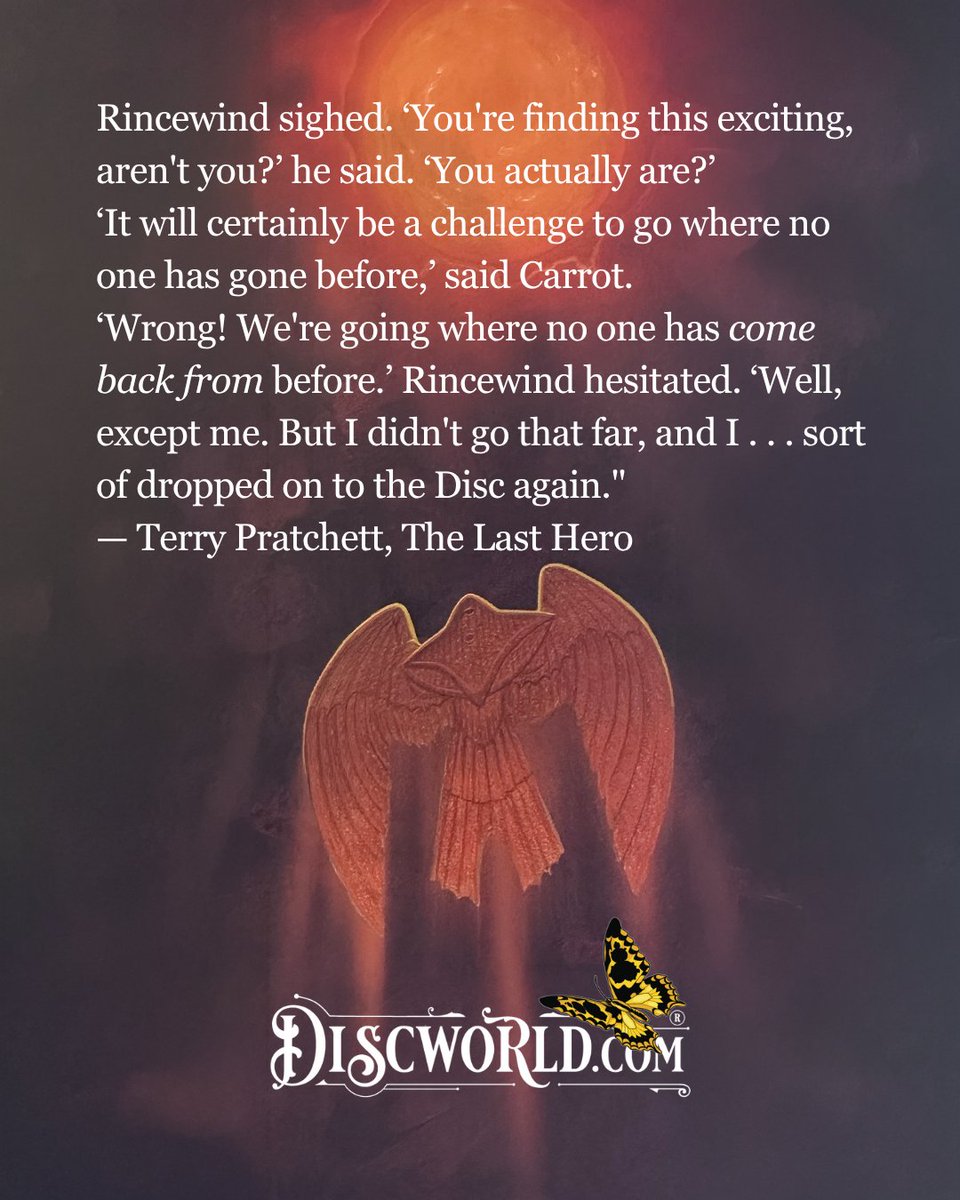 Discworld_com's tweet photo. #internationalastronomyday

Rincewind sighed. ‘You're finding this exciting, aren't you?’ he said. ‘You actually are?’
‘It will certainly be a challenge to go where no one has gone before,’ said Carrot.
‘Wrong! We're going where no one has come back from before.’ Rincewind hesitated. ‘Well, except me. But I didn't go that far, and I . . . sort of dropped on to the Disc again."
— #TerryPratchett, The Last Hero

📚 https://t.co/dUIAXFAD40

#discworld #discworldofficial #sirterrypratchett #FantasyLiterature #Bookstagram