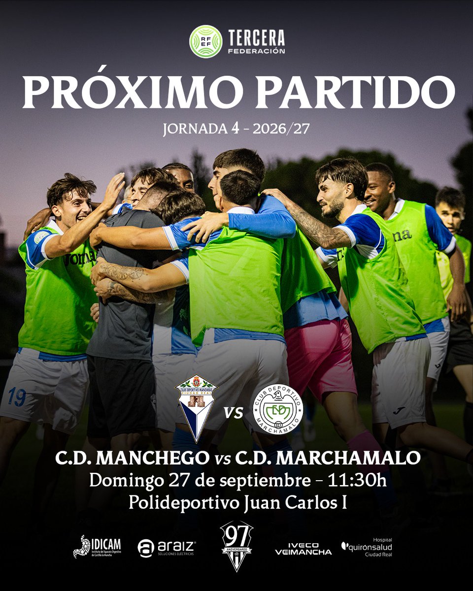 CDManchegoCReal's tweet photo. 🔵 PROXIMO PARTIDO - JORNADA 4 ⚪️

Segundo partido de la temporada en casa! ¡El Poli vuelve a vestirse de gala! El domingo por la mañana nos vemos en nuestra casa. 🏟️⚽

🆚 @CD_Marchamalo 
📅 Domingo 27/09
🕒 11:30h (Apertura de puertas: 10:30 h)
🏟️ Polideportivo Rey Juan Carlos
🏆 Tercera RFEF - Grupo XVIII

📌 Nota: Debido a las competiciones de atletismo programadas en las pistas para el sábado hasta las 18:00 h, el encuentro se disputará en la mañana del domingo.

🎟️ ACCESO Y ENTRADAS:
▫️ Abonados: GRATIS 
▫️ Menores de edad: GRATIS (⚠️ Obligatorio mostrar DNI en accesos).
▫️ General / Precio único: 10 €

➡️Venta online de entradas: https://t.co/28pVw2j8jF

#SomosCLM #FútbolCLM @ffcm_es @rfef 

Instalaciones: @CR_Deporte @AYTO_CIUDADREAL 

#AupaManchego 💙🤍#CiudadReal #Mancheguistas