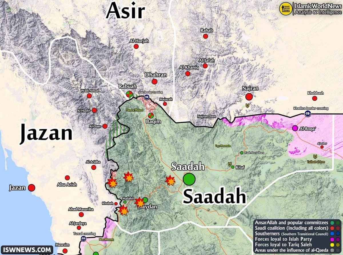 SprinterPress's tweet photo. Heavy clashes between Yemenis and Saudis on the northwestern borders of Yemen

🔹Saudi coalition forces over the past 12 hours subjected the border districts of Razih, Shada, Sahar, Al-Zahir, and Haydan in Saada province to heavy airstrikes and artillery shelling. In these attacks, the Saudis launched at least 135 ballistic missiles, rockets, and mortar shells toward villages and border areas in northwestern Yemen.

⚡️ In response to these attacks, the Yemeni army, in addition to conducting artillery fire against border areas in southern Saudi Arabia, targeted a Saudi military vehicle in the Najran region with a Rajum hexacopter airstrike, resulting in the killing of five Saudi soldiers. The names of the killed Saudi army personnel include Khalid Hassan Al-Shahri, Abdullah Al-Sulami, Khalid Al-Sulami, Ibrahim Al-Marzuq, and Jaber Al-Razzaq.