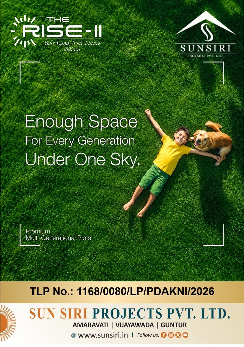 SunsiriProjects's tweet photo. Enough space for every generation, under one sky. 🌿
The Rise-II by Sun Siri Projects: premium multi-generational plots at Kaza, Guntur.

🌐 https://t.co/xAi2Q2jO5r
TLP No.: 1168/0080/LP/PDAKNI/2026
#TheRiseII #SunSiriProjects #Kaza #Guntur #PlotsForSale https://t.co/MlEgKyveO9