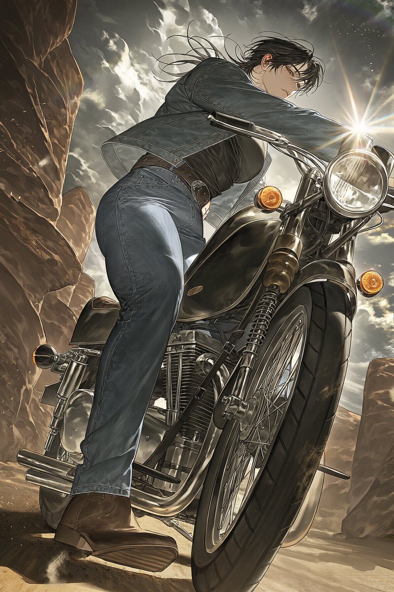 sha1shashasha's tweet photo. 🏍️[프롬 공유] 애기야, 오빠 바이크 끌고 왔다

[Prompt Sharing] / [プロンプトの共有]
* v5 / v4.5 둘 다 타율 확인했습니다.
* 필요한 만큼 가중치를 조정해주세요.
* 남자캐릭터, 여자캐릭터 모두 사용 가능. 수정 가능.
* 탐넘 편하게 사용해주세요.

cinematic fashion editorial,
1.4::extreme low angle::,
1.4::worm's-eye view::, dynamic low view,
1.3::dynamic perspective::,

1.4::riding classic motorcycle::,
1.5::leaning over motorcycle handlebars::,
1.3::looking back over shoulder::,
1.4::denim jacket::,
1.4::blue denim jeans::,
1.3::brown leather boots::,
1.4::vintage classic motorcycle::,
1.3::chrome exhaust pipe::,
1.3::chrome engine parts::,

1.4::bright sun flare::,
1.3::sunburst from side mirror::,
1.3::dark cloudy sky::,
1.2::dirt road ground::,
1.2::vintage desert aesthetic::,
full body shot