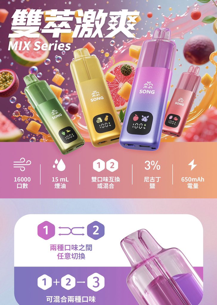 ZGebpo's tweet photo. #SONGMIXSeries 双萃激爽｜双口味混合一次性雾化

双仓创新设计，两种口味随心切换，还可以混合出新风味
✅15mL大容量烟油，高达16000口超长使用
✅数字显示屏，实时查看电量与口味状态
✅650mAh电池，持久续航
✅3%尼古丁盐配比，缤纷渐变金属机身

 更多产品请点击主页添加咨询购买❤️ https://t.co/ccpSkhkV8d