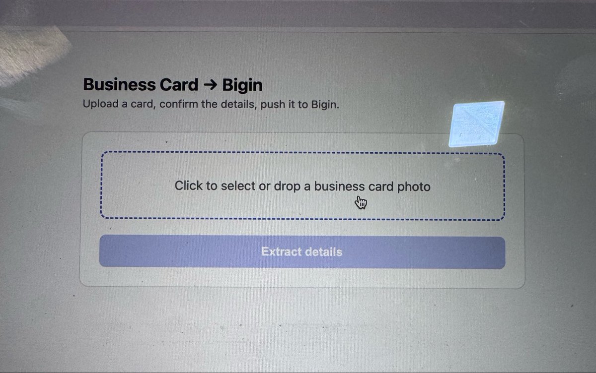 relaxat5's tweet photo. As I was using bigin by @Zoho 

1. Consumed one of their apis
2. Built an OCR based picture/camera input 
3. Locally hosted the product and built a lead structure 
4. Sent the info to bigin upon confirmation 
5. Matches information to check for duplicates and uploads the lead https://t.co/alo9Nn4HJX