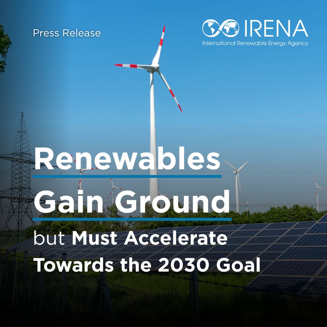 IRENA's tweet photo. JUST RELEASED‼️

Renewables gain ground but must accelerate towards the 2030 goal. Despite record growth, the world must build more renewable power in 2026-2030 to meet the tripling renewables target. 

Check the latest UAE Consensus tracking report that highlights progress, gaps & policy recommendations ahead of #COP31 → https://t.co/Yh4xpuoAP5