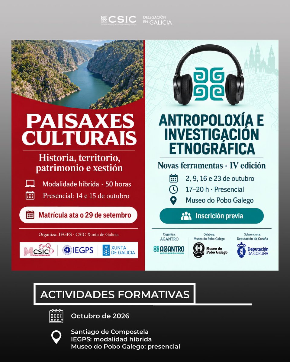 CSICGalicia's tweet photo. 📚 Formación en outubro en Santiago:
🌿 Paisaxes culturais · @iegps
Modalidade híbrida. Matrícula ata o 29/9.
🔗 https://t.co/83GKg4B5NO
🔎 Antropoloxía · @AgantroA , co @MuseodoPobo e apoio da @Depucoruna .
🔗 https://t.co/EyMaf1sES1 https://t.co/7VoKNhRqZD