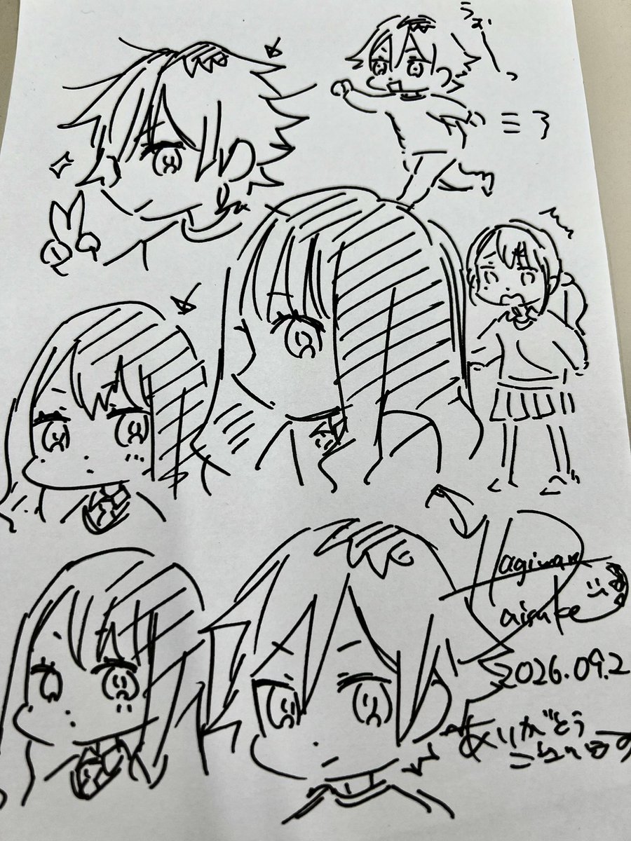 D_hagi's tweet photo. 本日は悪天候の中、サイン会にお越しくださりありがとうございました！直接皆様とお話し出来る貴重なお時間を頂けてとても嬉しかったです☺️✨
台風の影響で会場に足を運ぶのが難しい方もいらっしゃったので、次にサイン会の機会がいただけた際には晴れ！晴れ祈願！！☀️😭🙏
おまけの練習の紙を添えて✒️ https://t.co/6iMeynptff