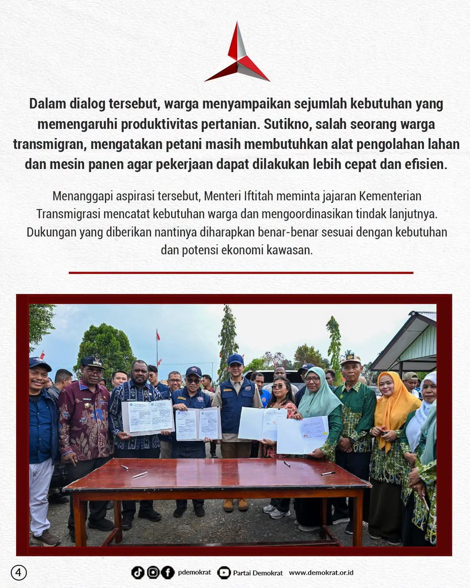 DPCDemokratLA's tweet photo. Menteri Transmigrasi, M. Iftitah Sulaiman Suryanagara,berdialog bersama masyarakat lokal,warga transmigran,pemerintah daerah, serta Tim Ekspedisi Patriot (TEP) Institut Teknologi Sepuluh Nopember di Distrik Oransbari,Kabupaten Manokwari Selatan,Papua Barat, Sabtu (12/9/2026). https://t.co/ilQBhqUGCN