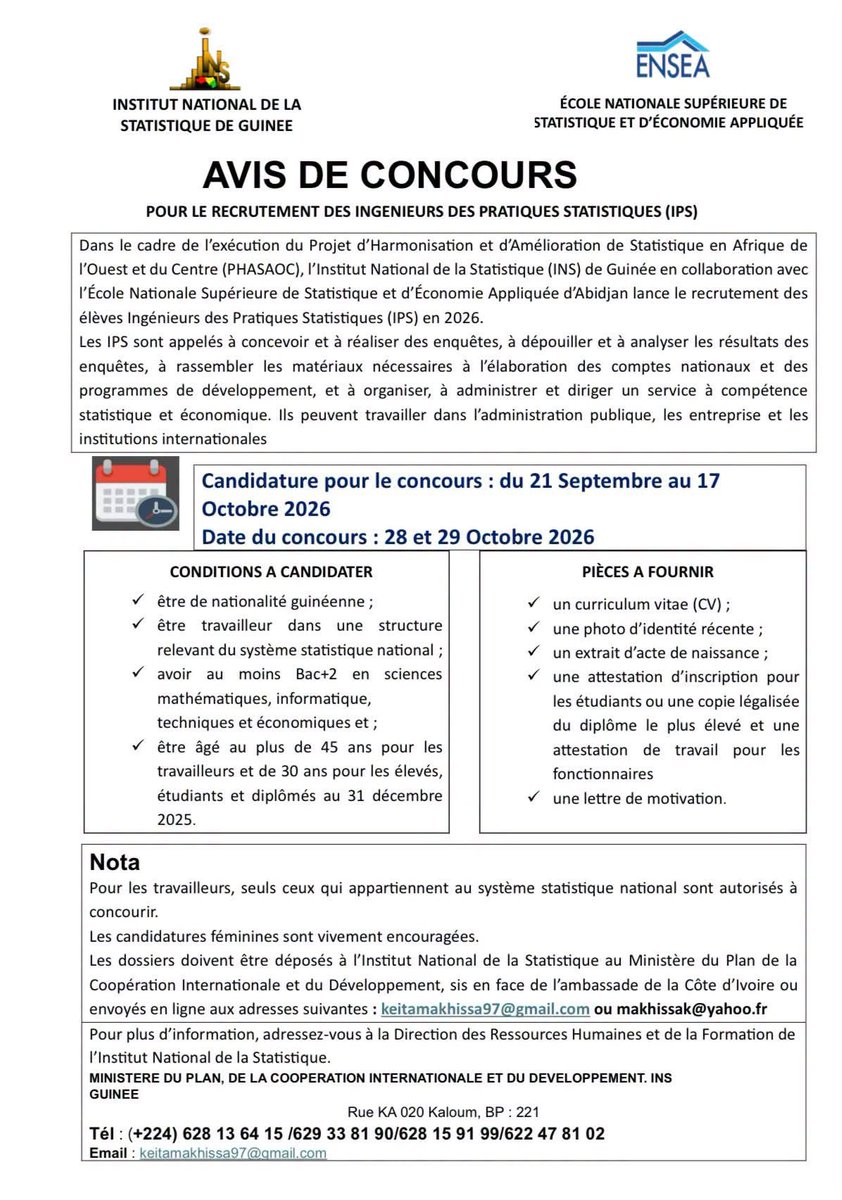 INSGN224's tweet photo. AVIS DE CONCOURS POUR LE RECRUTEMENT DES INGÉNIEURS DES PRATIQUES STATISTIQUES (IPS)

📆 DATE DE DÉPÔT DE CANDIDATURE : 
       ☑️ du 21 septembre au 17 octobre 2026
📆 Date de déroulement du concours : 
       ☑️ les 28 et 29 octobre 2026
☎️ 628 13 64 15 https://t.co/4KsFESTUvo