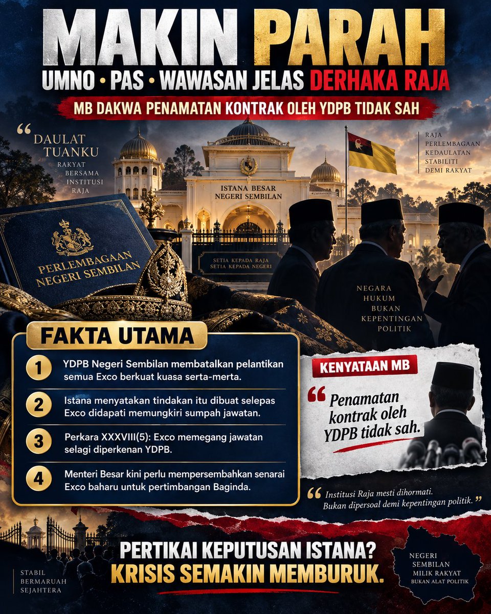 amazingirdina's tweet photo. Istana tarik balik perkenan. 

MB kata tidak sah. 
Krisis N9 makin panas.

#NegeriSembilan #TuankuMuhriz #ExcoN9 #PolitikMalaysia #fyp https://t.co/uEUwYm8IHK