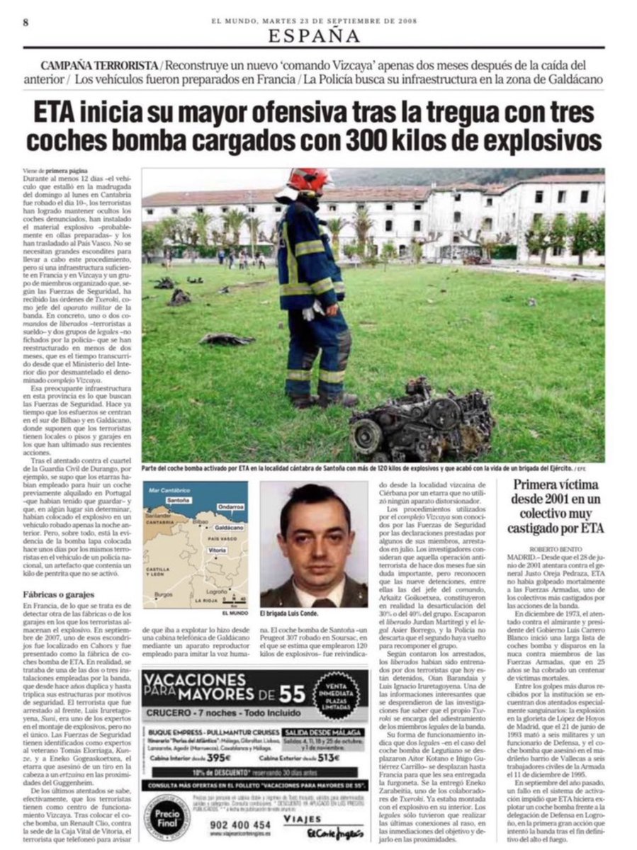 MemorialVT's tweet photo. 22/09/2008. Santoña. Se cumplen 18 años del asesinato por ETA-m del brigada @EjercitoTierra LUIS CONDE DE LA CRUZ. Le sorprendió la explosión de un coche-bomba cuando desalojaban el edificio del Patronato Militar Virgen del Puerto, después de una llamada de aviso de la banda. https://t.co/s1ca7WdQ0I