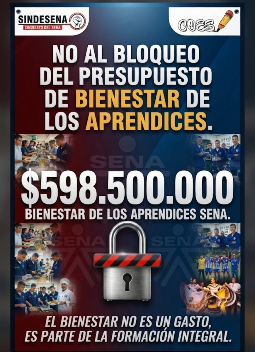 jospike2009's tweet photo. @sindesenacol @nlopezfuentes @MintrabajoCol @SENAComunica @honohenriquez @andreanimalidad @YirleyVargas1 @AidaAvellaE @Jorge_BastidasR @CelsoTeteC @YoAlejoV @DonIzquierdo_ @elReneJimenez @gener_usuga ¡El bienestar de los aprendices no se bloquea! https://t.co/gzt9F4EAS1