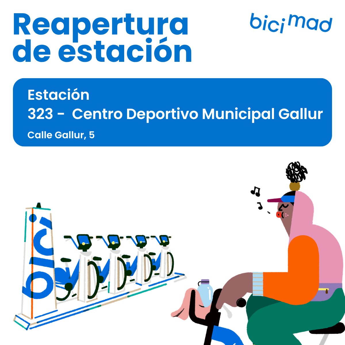 bicimad's tweet photo. ⚠️ Información de servicio:

ℹ️ Con motivo de la finalización de la celebración de las obras de asfaltado, la siguiente estación vuelve a estar disponible:

🚲 Estación 323 - Centro Deportivo Municipal Gallur

#bicimad https://t.co/DCceXEyxSk