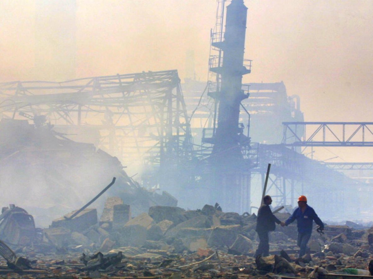 25YearsAgoLive's tweet photo. The AZF fertilizer factory in Toulouse, France explodes, killing 31 people and injuring 2,500. Two-thirds of all the windows in the city are shattered, and at least 70 people are blinded. 

The total cost of damage is estimated to be €1.5 billion. 

France’s Minister of the Environment, Yves Cochet, says that the explosion “may have been a terrorist attack” and identifies the suspected perpetrator as Hassan Jandoubi, a Tunisian contractor who was killed in the blast. 

Authorities are suspicious, as Jandoubi’s girlfriend begins destroying evidence immediately, but they are able to ascertain that he had been gaining “Islamic fundamentalist radicalization.”