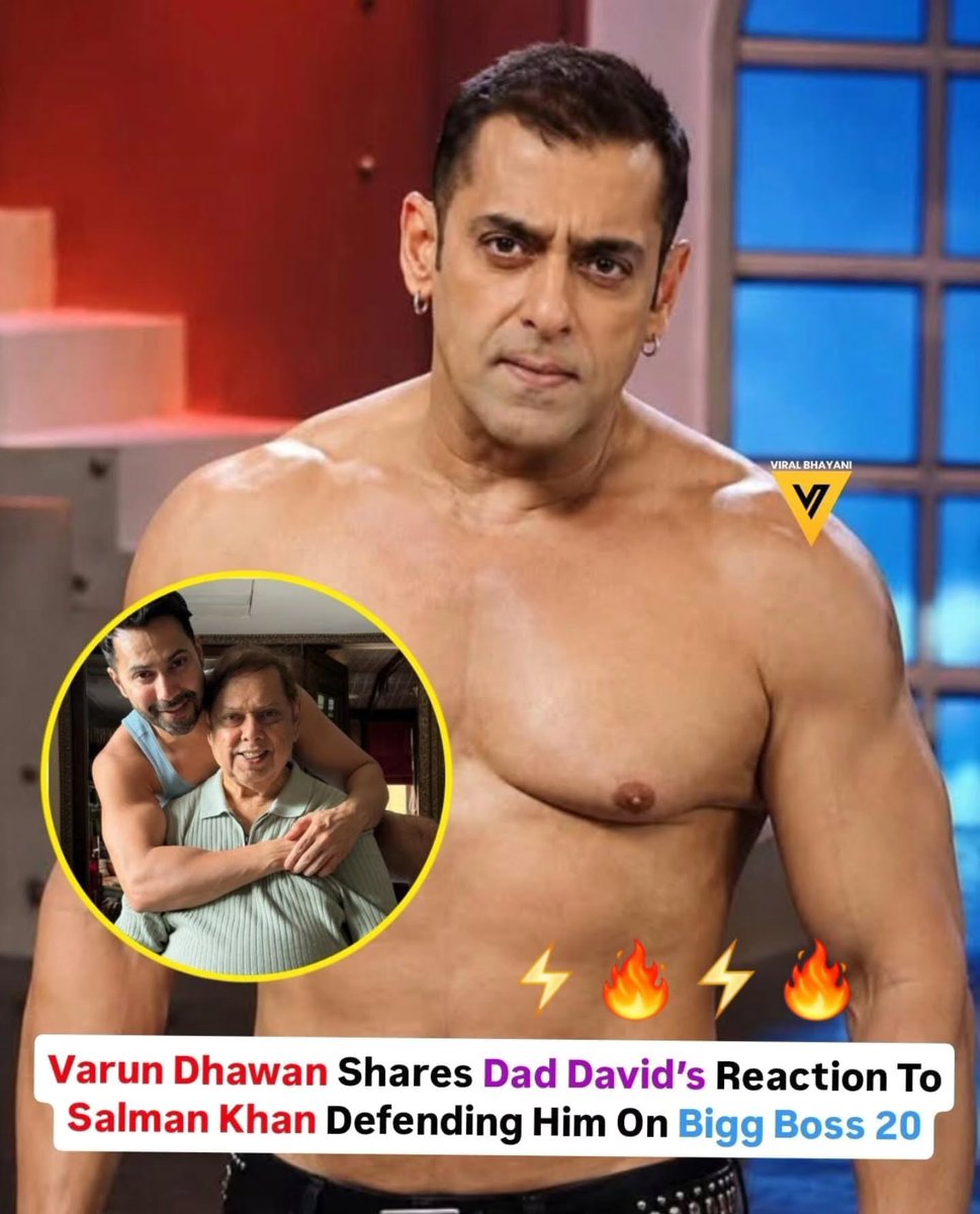 viralbhayani77's tweet photo. Varun Dhawan shares his father David Dhawan’s reaction to Salman Khan taking off his shirt on Bigg Boss 20. ⚡🔥

#SalmanKhan #VarunDhawan #BiggBoss20 #ViralBhayani https://t.co/tOOaEReUlx
