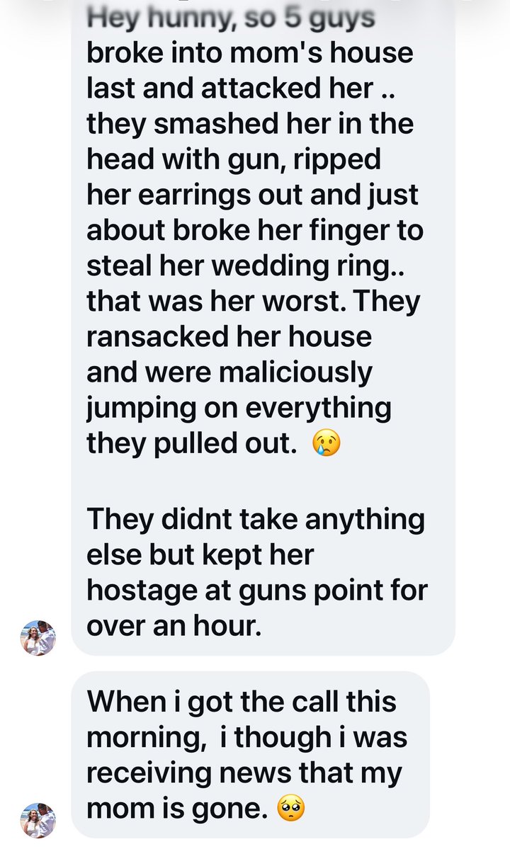 ClaudiaBryan01's tweet photo. My aunt (72 year old widow) had her house broken into last night. 
5 men. 
Terrorised her with a gun for an hour. Broke her finger for her wedding ring, ripped her earrings from her ears. Tortured her for an hour. Ransacked the house. 
We thankfully are grateful she is still alive. 

South Africa is dangerous.