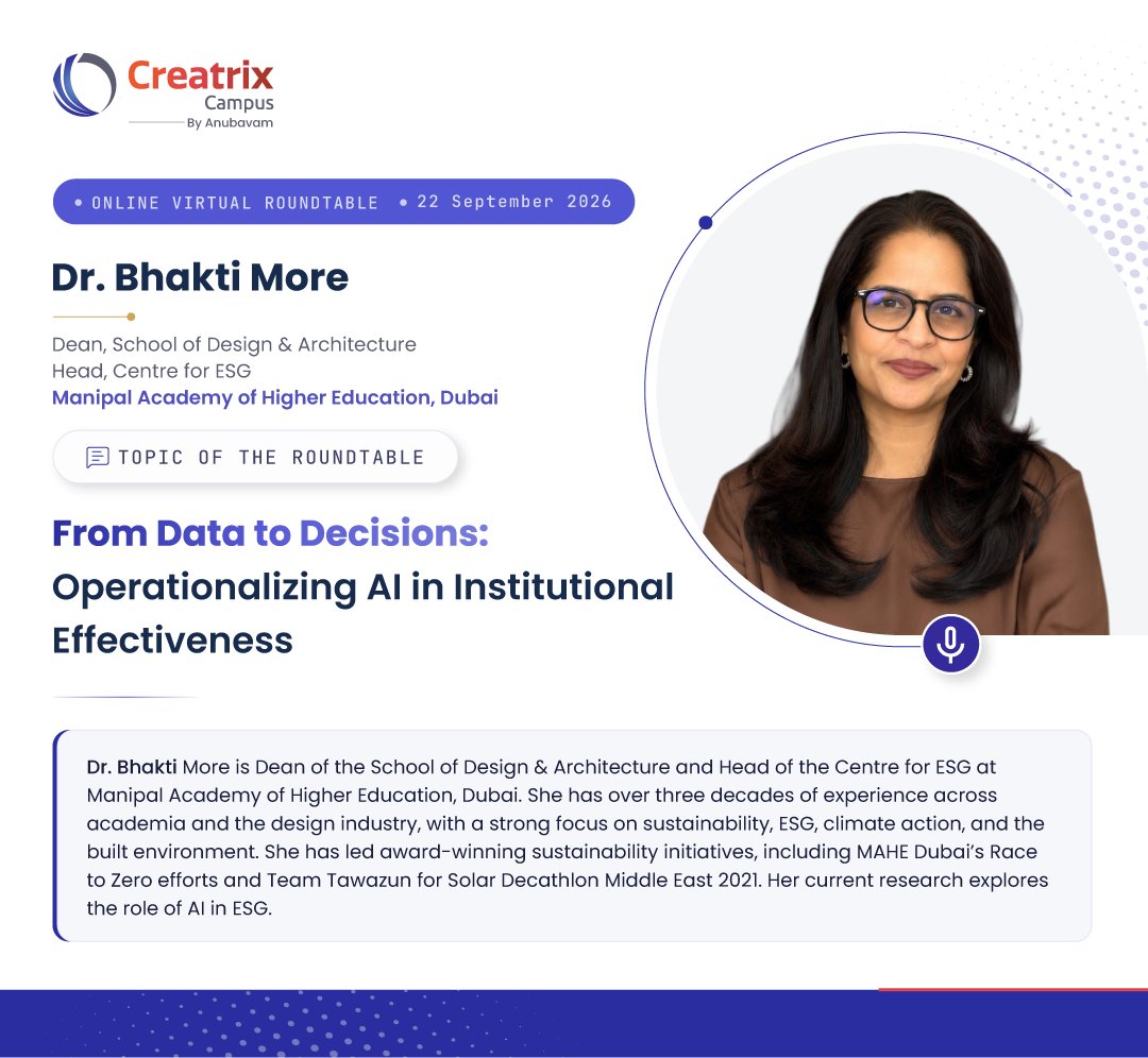 creatrixcampus's tweet photo. AI matters when it helps complex organizations connect strategy, performance, and outcomes. Looking forward to our UAE higher education roundtable with Bhakti More on 22 September 2026.
#CreatrixCampus #UAEHigherEducation #InstitutionalEffectiveness #creatrixcampusroundtable https://t.co/O5tT0h2rLg
