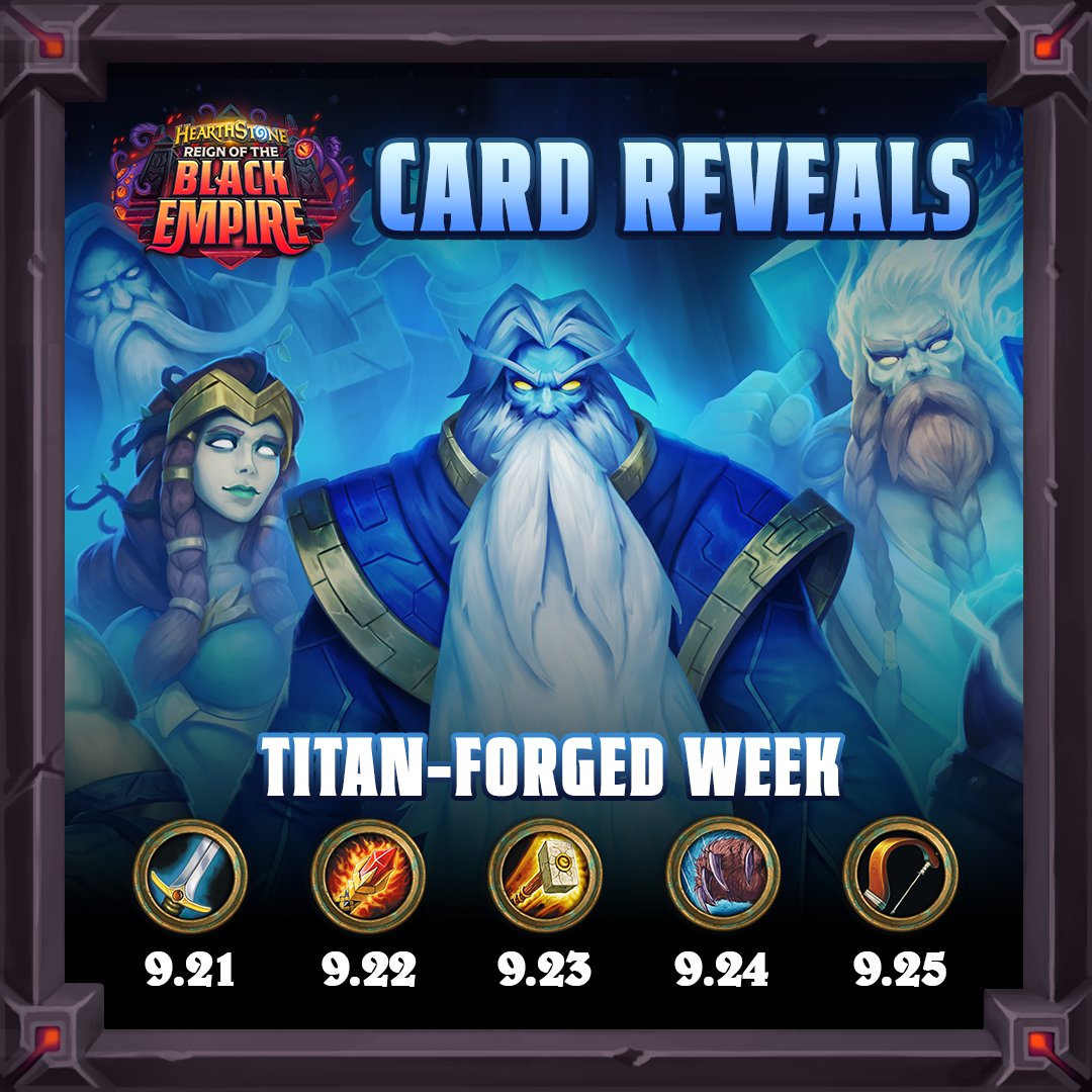 PlayHearthstone's tweet photo. 💪 The Titans are back, and with cards that pack a powerful punch!

Make sure to tune in to our Twitch and YouTube channels this Tuesday-Friday at 2 PM PT to watch the Titan-forged Card Reveals and stay locked in to our socials for recaps! https://t.co/73jjGl4tEq