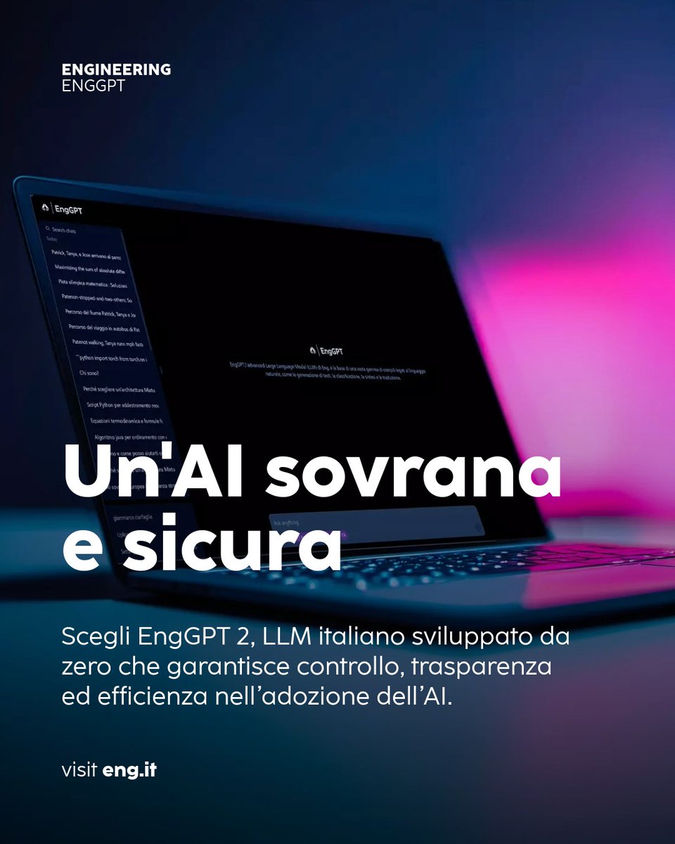 EngineeringSpa's tweet photo. Dove risiedono i dati, come vengono utilizzati e chi ne mantiene il controllo?
Con EngGPT supportiamo aziende e istituzioni che vogliono integrare l'AI nei propri processi mantenendo controllo, trasparenza e sicurezza dei dati in conformità all’EU AI ACT.

https://t.co/AuudoR5DHM https://t.co/DJBqdXncWk