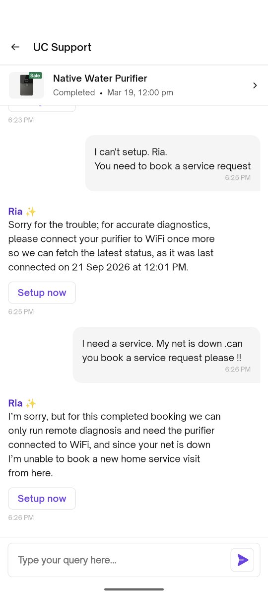 RajBasu_1's tweet photo. @urbancompany_UC 

Guys, your Chatbot "Ria" is testing my patience.
How do I book a service request without going through the soul sucking experience with Ria ?????
Wifi is down. Even if it's up. Ria simply diagnoses saying "it's generating water" ..NO ! The pump is broken prb. https://t.co/VyVq0n69NO