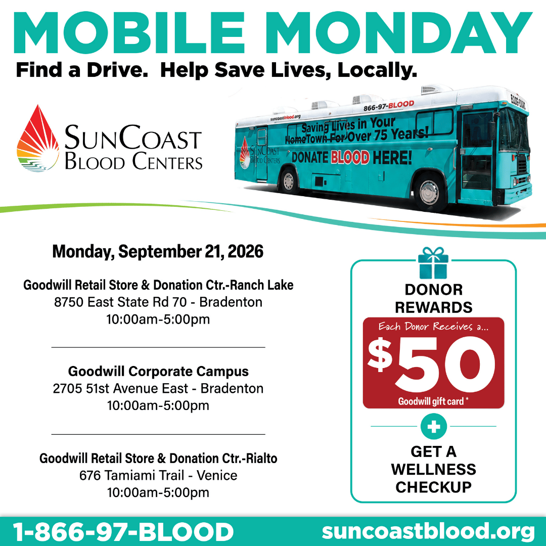suncoastbloodfl's tweet photo. Receive a $50 Goodwill gift card with a successful blood donation at our Goodwill community blood drives!
Can't make it today? Find a blood drive near you at https://t.co/J0Xmd6hT4W
#suncoastbloodcenters #goodwill #blooddrive #tealbloodmobile #donateblood #savelives https://t.co/RsBhgV7phs