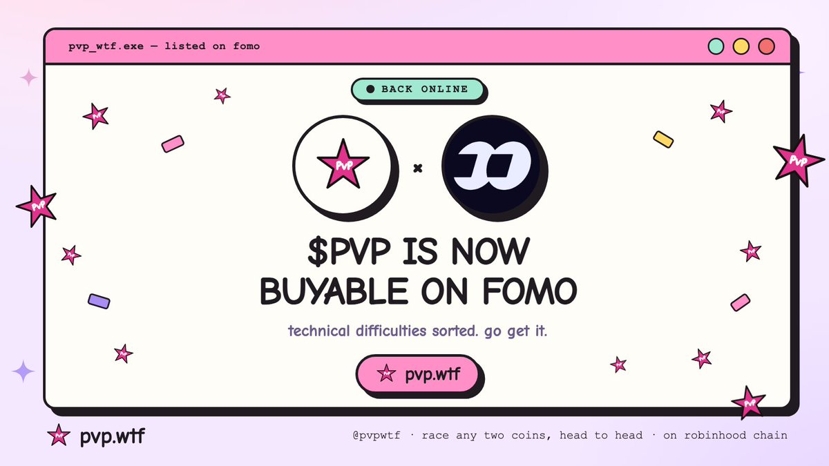pvpwtf's tweet photo. Buying $PVP on @fomo is now officially working after some technical difficulties.

Happy trading !

https://t.co/a46HI1wmGr https://t.co/BSFkS9uJhc