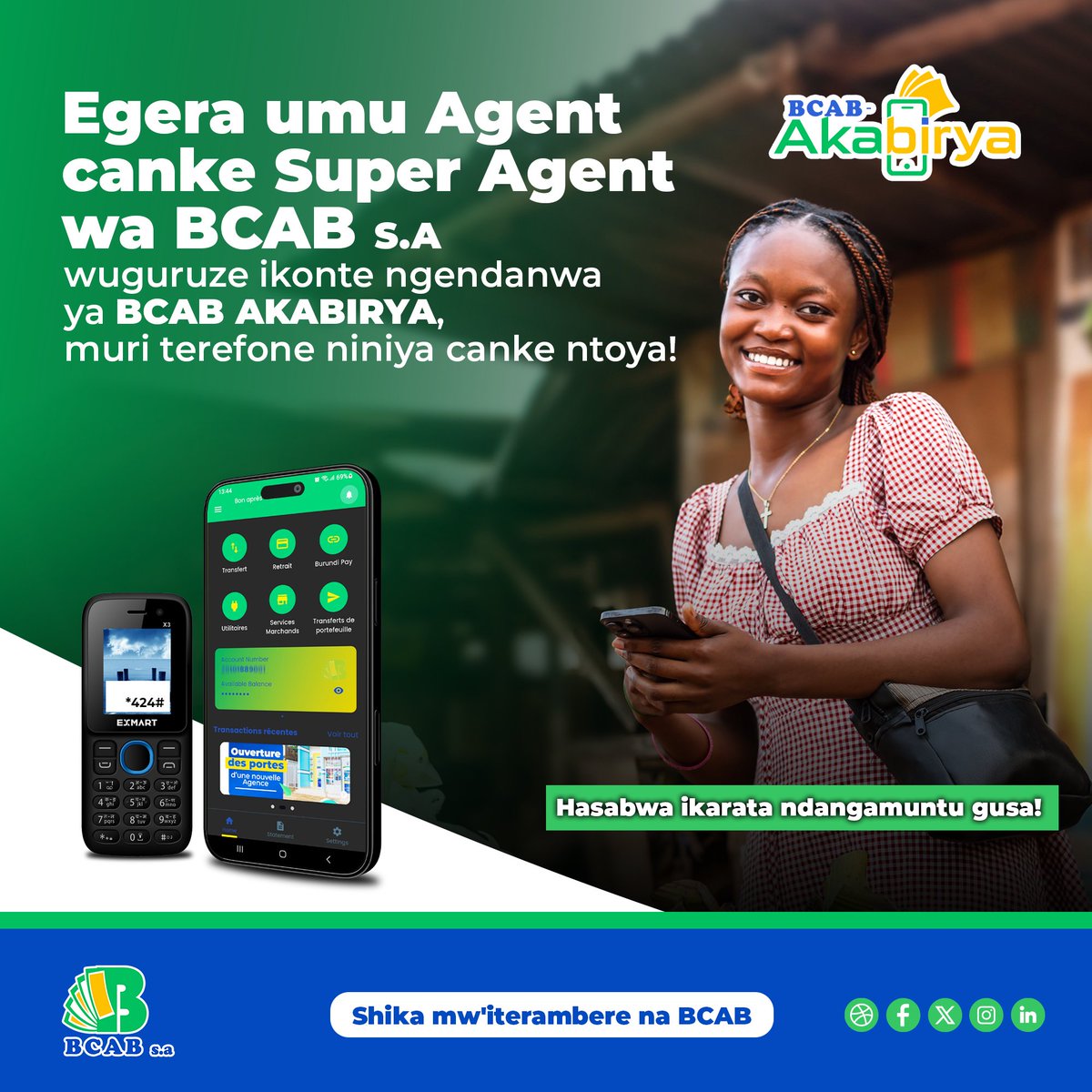 BcabBank's tweet photo. ⚪️🟢#Abatwip Oroherwa mugukoresha serevisi z'ibanki #BCAB mukwuguruza ikonti ngendanwa ya #BCABAkabirya k'umukozi wa BCAB akwegereye.
Ibangikanye karangamuntu yawe gusa.
#shikamwiteramberenabcab #labanquepourtous https://t.co/sZdxOtlgYh
