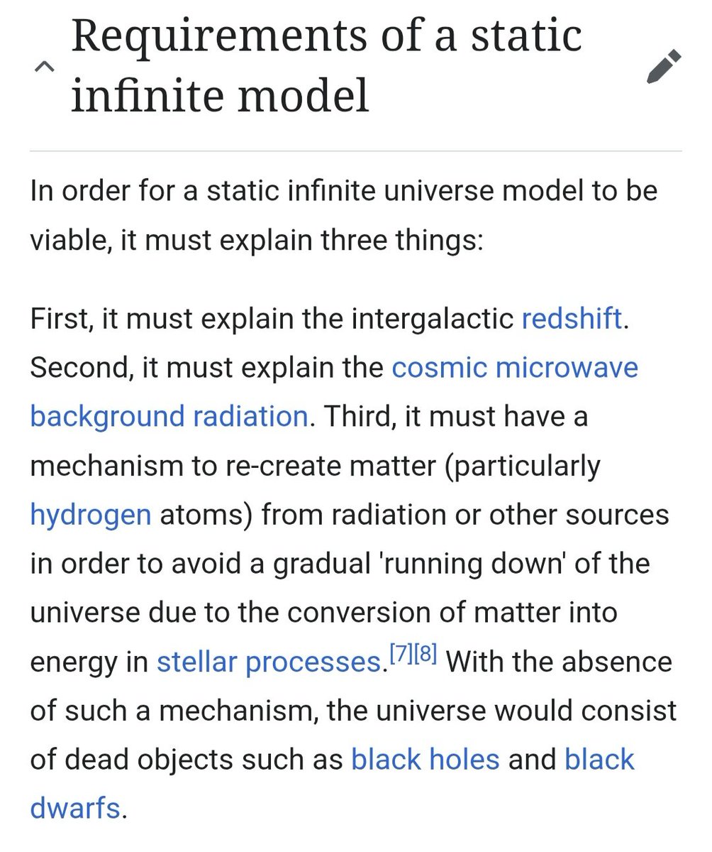 MichaelCody's tweet photo. @Wikipedia has a 3-part checklist for static universes. Flexible Static Cosmology has rigorous results on 2 of 3.

1 - Redshift. Derived.
2- CMB spectrum. Preserved.

The third isn't a rule for all static models. FLSC allows a hot early universe. https://t.co/Cmyv988Ilb