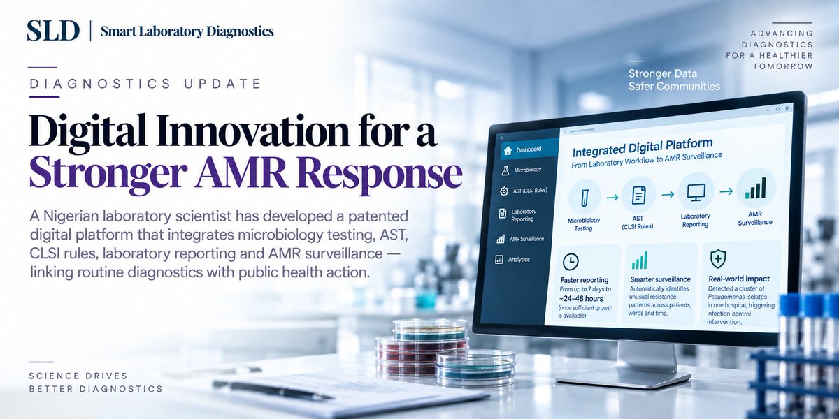 SmartLabDx86's tweet photo. Diagnostics Update | AMR Surveillance

AMR surveillance is moving closer to the routine laboratory workflow.

A patented digital platform developed in Nigeria integrates microbiology testing, antimicrobial susceptibility testing, CLSI-based rules, laboratory reporting and resistance surveillance into a single workflow. In early implementation, reporting time was reduced to about 24–48 hours once sufficient growth was available, while the system also identified unusual resistance patterns across patients, wards and time periods.

In one hospital deployment, the platform detected an unusual cluster of Pseudomonas isolates within about a week, prompting infection-control action. The case shows how routine laboratory data can move beyond individual reporting to support continuous AMR surveillance, antimicrobial stewardship and earlier outbreak detection.

🔗 Source: Vanguard News https://t.co/z68EeQEih5

#AMR #LaboratoryMedicine #Microbiology #AntimicrobialResistance #LaboratoryInformatics #PublicHealthSurveillance