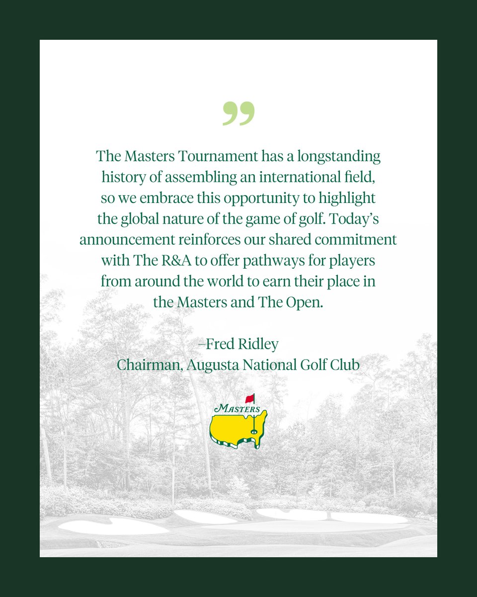 TheOpen's tweet photo. Today, The R&amp;A and Augusta National Golf Club announced plans for continued alignment regarding qualification criteria for @TheMasters Tournament and The Open.

More here: https://t.co/wRGws665nV https://t.co/xxtKl42mX6