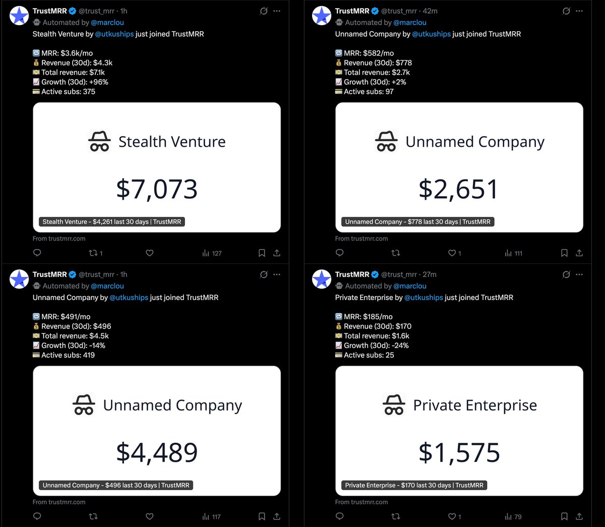 utkuships's tweet photo. sorry @marclou i broke your feed. adding my 30+ apps to @trust_mrr one by one. feature request: private notes on stealth listings. i already forgot which is which https://t.co/6KwR0CfYFt