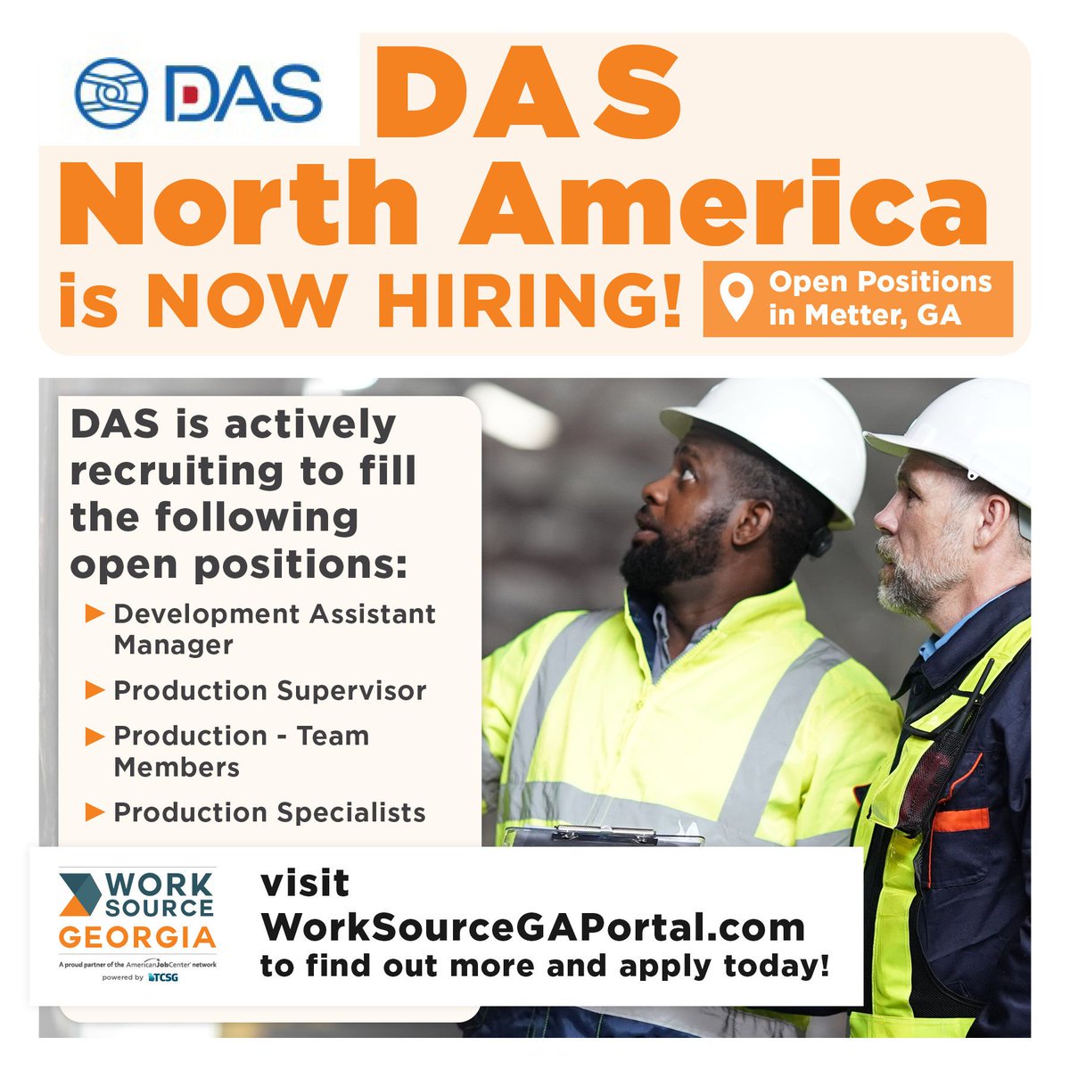 WorkSourceGA's tweet photo. Metter job seekers: DAS North America wants you to apply! 

They are actively recruiting to fill:
Development Assist Mgr, Prod Supervisor and more!

👉 check out https://t.co/qGWkZoMksJ to see more about the open positions!

@DASNorthAmerica

#metterjobs #DASnorthamerica https://t.co/cwxwIa5HXG