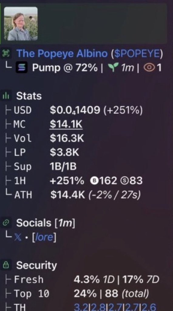 Mr_OnChain45's tweet photo. $POPEYE — $14.1K MC 

Early setup spotted — $POPEYE is on the radar. 

Want more early opportunities? Click the Telegram link in my bio to join.

CA: "2c1weSacxYkxF5xAFSzdYQXoFp3XcjimXyaGSioTnpRs"

#Solana #Memecoin
$POPEYE https://t.co/TnSekwJmlG