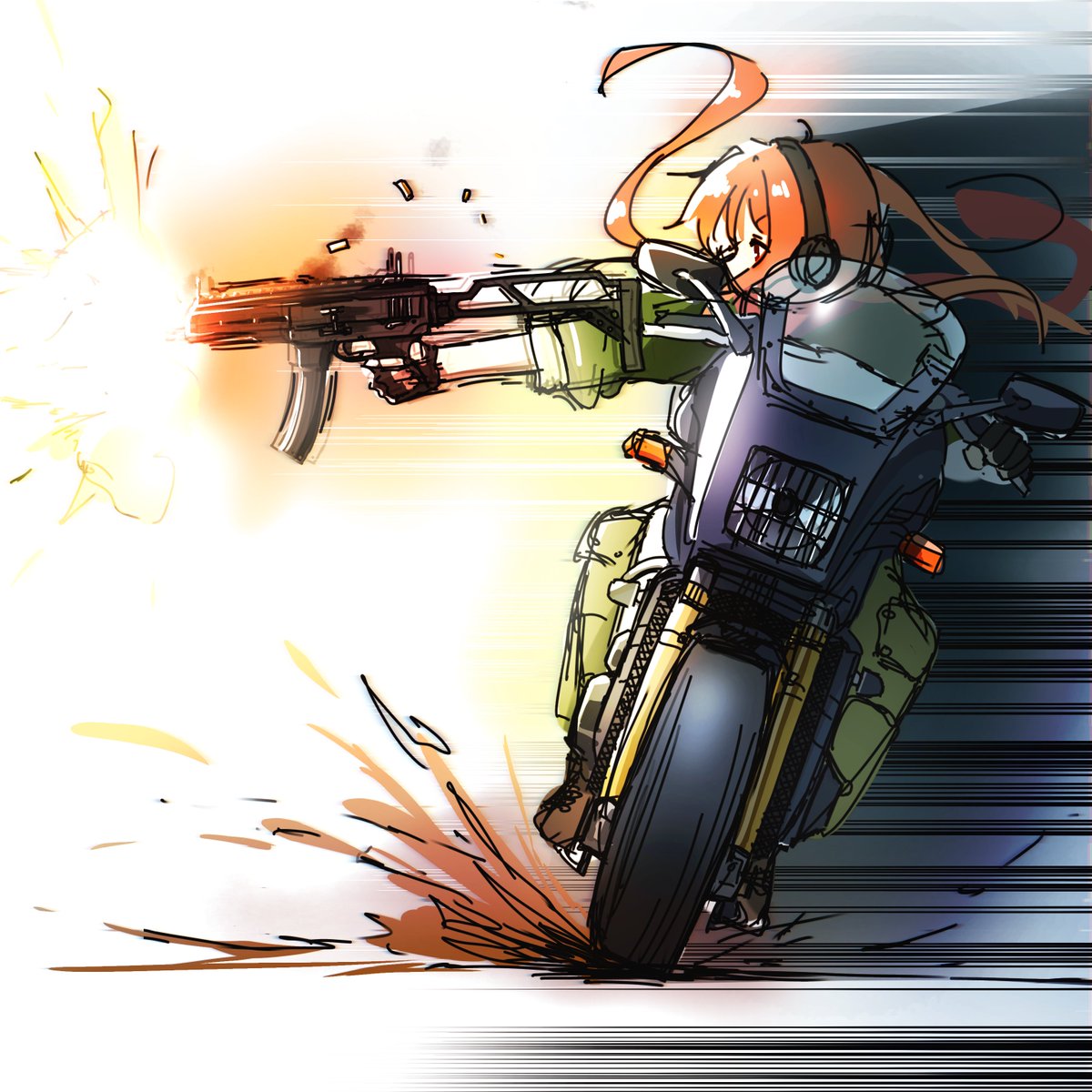 3sei_neko's tweet photo. バイク×短機関銃
 #イラスト  #ミリタリー  #バイク  #サブマシンガン https://t.co/Z5jURDiooK