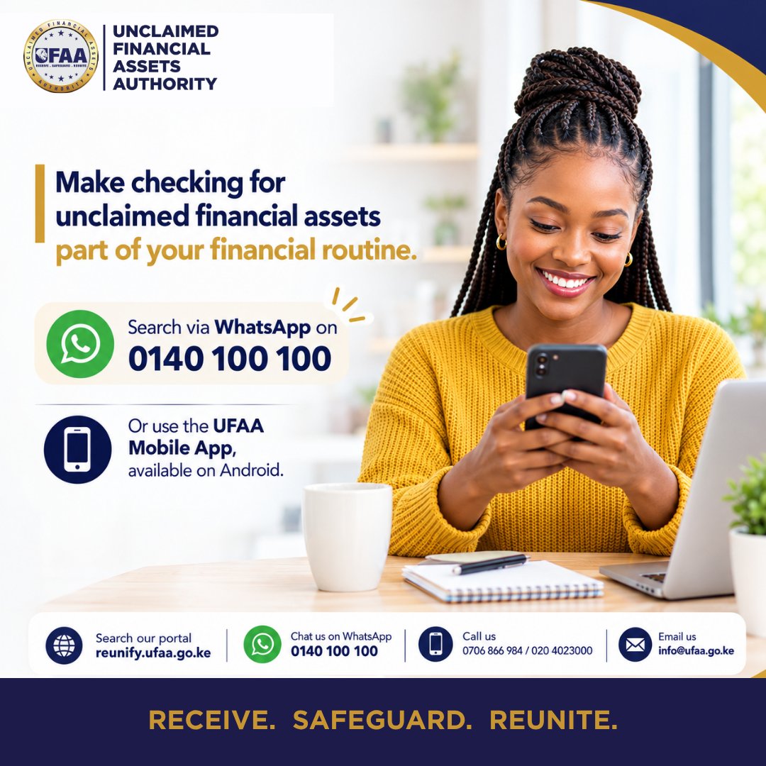 UFAAKenya's tweet photo. When was the last time you checked for unclaimed financial assets in your name? A quick search could help you discover assets waiting to be reunited with you. Search today via the UFAA portal, WhatsApp 0140 100 100, or the UFAA Mobile App.
#unclaimedfinancialassetsauthority #ufaa https://t.co/YSVtpjas1h