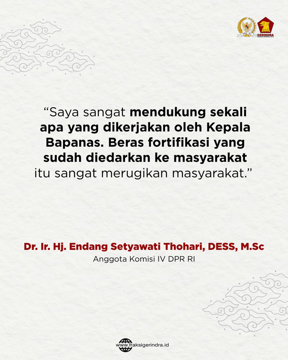 Fraksi_Gerindra's tweet photo. Anggota Komisi IV DPR RI, Endang Setyawati Thohari, mendukung langkah pemerintah untuk menindak tegas dugaan pelanggaran dalam peredaran beras fortifikasi yang tidak sesuai dengan klaim kandungan gizi pada kemasan. https://t.co/xZZ93ktWbp