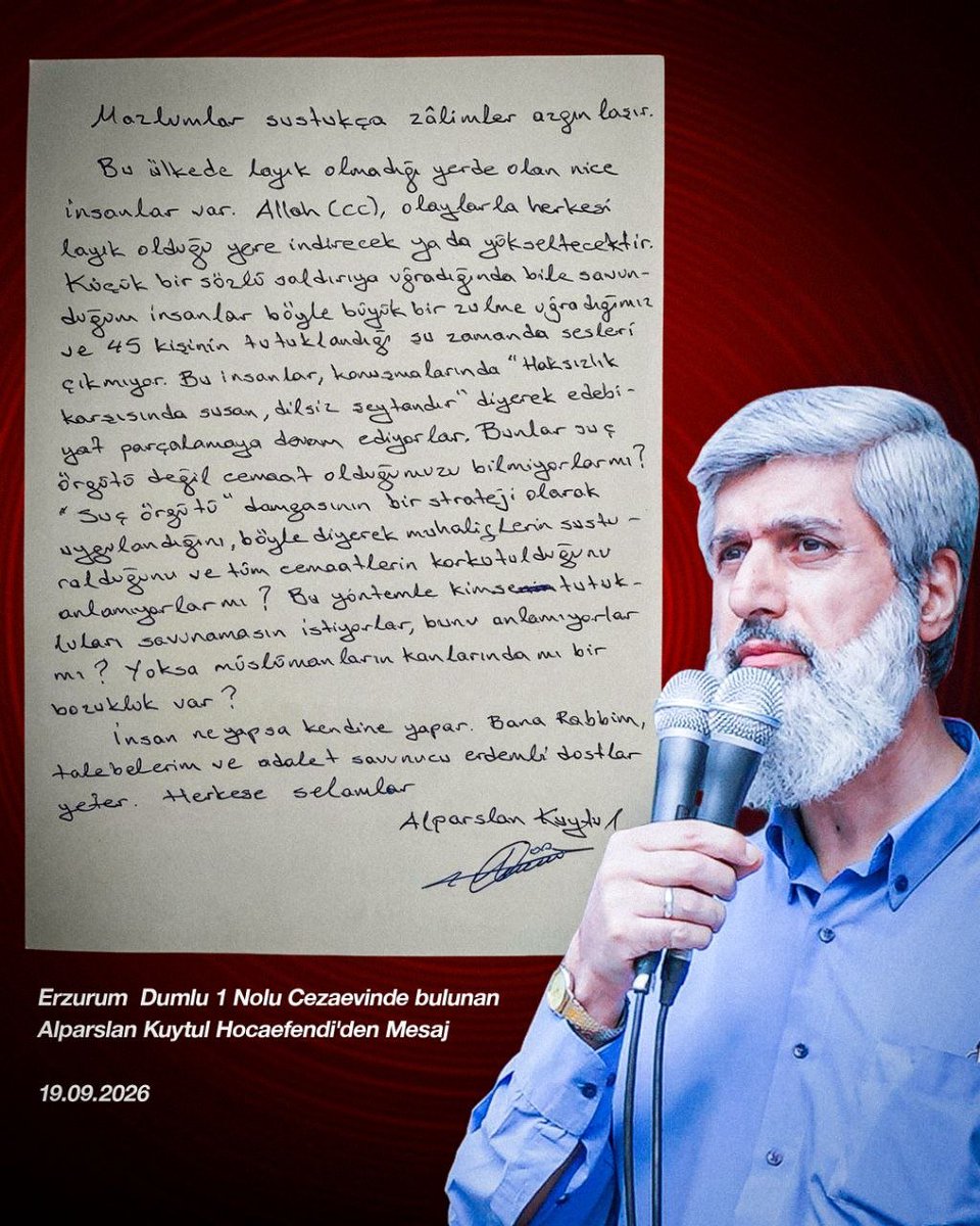 mrtcn_4's tweet photo. Hz. Yusuf da zindana girdi.
Ama zindan, hakikatin sesini susturamadı.
Kur’an’da Yusuf as ın zindandaki sözleri anlatılır ve ardından onun suçsuzluğuna rağmen hapsedildiği belirtilir. 
Bugün Erzurum Dumlu 1 No’lu Cezaevi’nden gelen mesajdaki şu söz dikkat çekiyor:
“Mazlumlar sustukça zalimler azgınlaşır.”
Zindan değişir, zaman değişir; imtihanın hakikatı değişmez.

#Susmayacağız
AlparslanHocadan Mesaj
Susma SıraSanadaGelecek