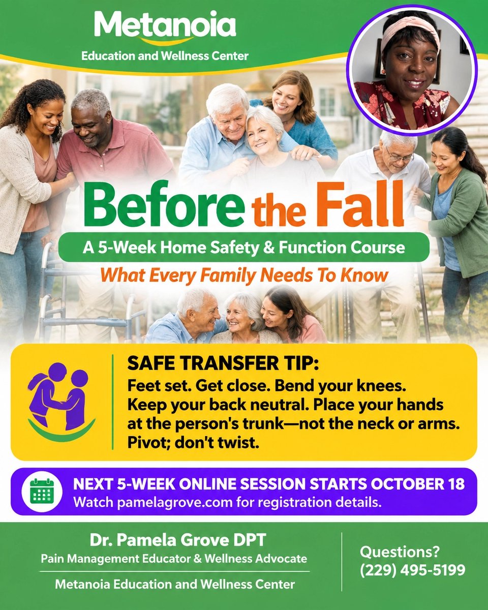 DptPamelaG's tweet photo. Safe transfer: Feet set, bend knees, back neutral. Hold trunk: not neck/arms: and pivot, don’t twist. Before The Fall’s 5-week session starts Oct 18. Register: https://t.co/k6ESIFELFU. Questions (229) 495-5199. #Caregivers https://t.co/yZuqPfNpZ5