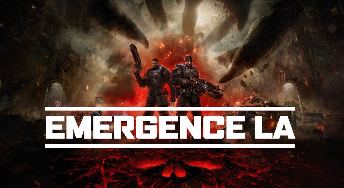 Gears of War: E-Day artwork with two armed characters and the words Emergence LA.