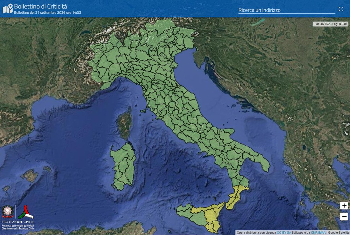 Mappa bollettino di criticità che indica allerta gialla meteo-idro su settori di Calabria e Sicilia per la giornata di martedì 22 settembre.