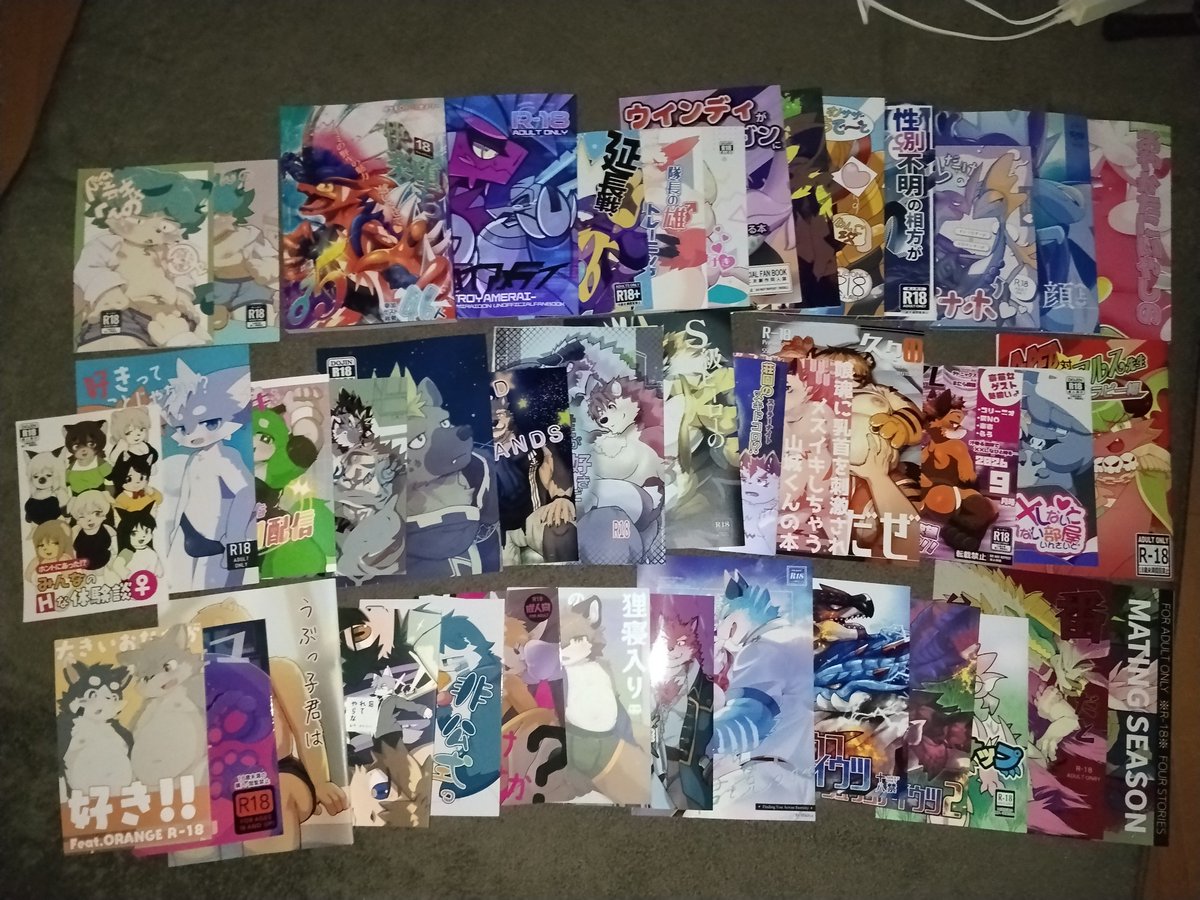 cocomakemo's tweet photo. けもケの戦利品(不健全編)
関ケモではR18の本あんまり買っていなかったので、今回はR18の本買いまくったぞぉぉぉ
えっちなやつは大好きなのでたくさん買えて満足🥰🥰🥰
読むの色んな意味で楽しみすぎる！ https://t.co/DoN0171iW6