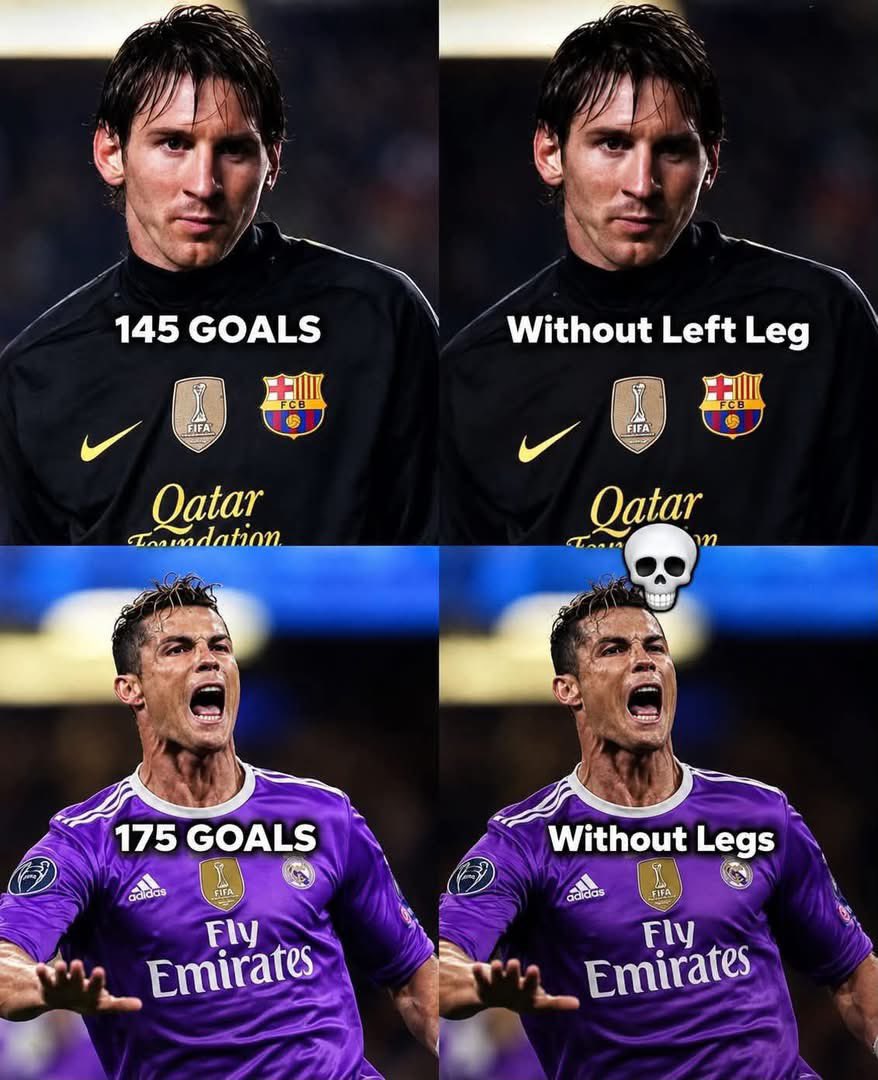 Kabutey_07's tweet photo. Messi has 145 goals without his left leg. Then Ronaldo has 175 goals without his both legs.

Choose your goat wisely 🥶 https://t.co/VmXWvqwwwz