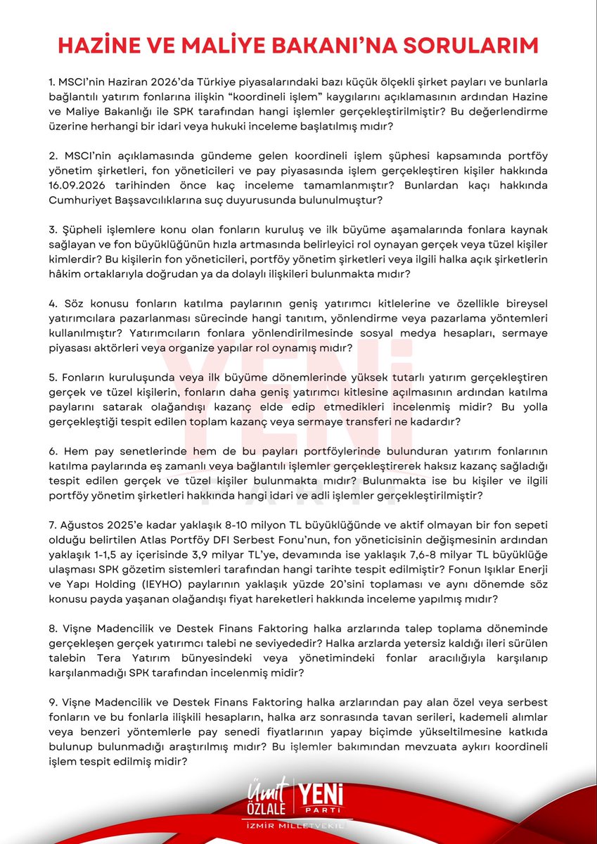 UmitOzlale's tweet photo. Hazine ve Maliye Bakanı Mehmet Şimşek’in yanıtlaması istemiyle 25 soruluk kapsamlı bir soru önergesini TBMM’ye sundum.

Küçük yatırımcının hakkını korumak, sermaye piyasalarına güveni sağlamak ve kamu adına sorumluluk taşıyan kurumların hesap verebilirliğini tesis etmek zorundayız.

Bu dosyanın bütün yönleriyle aydınlatılmasının takipçisi olacağız.