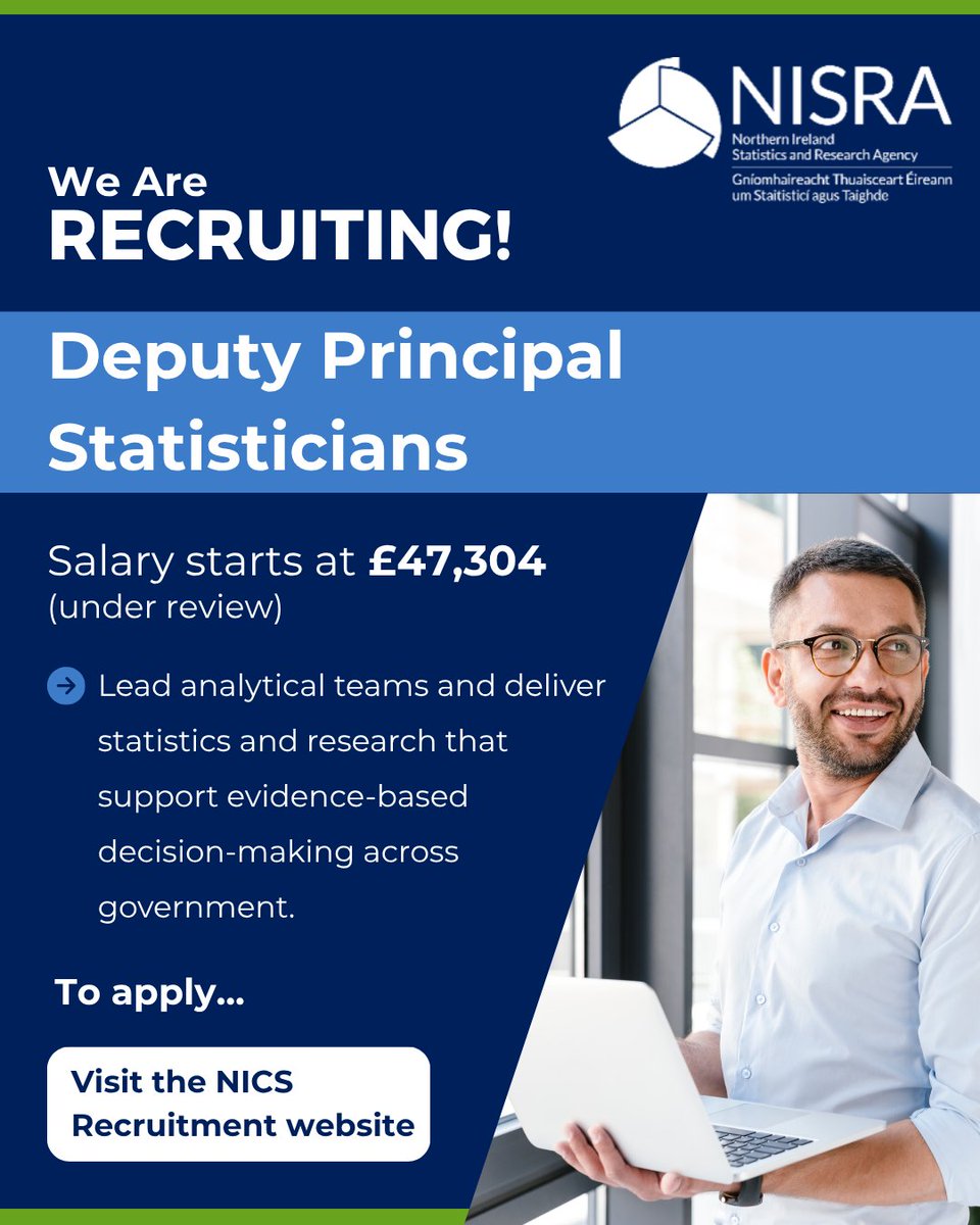 NISRA's tweet photo. 📊 Looking for your next career challenge?
NISRA is recruiting for Deputy Principal Statisticians.
Find out more and apply: https://t.co/DhRzQPsjWI
🕒 Closing date: 12 noon (UK time) on Friday 25 September 2026
#WeAreHiring #DataAnalytics #NisraJobs #CareersInData https://t.co/cW5JidcAhj