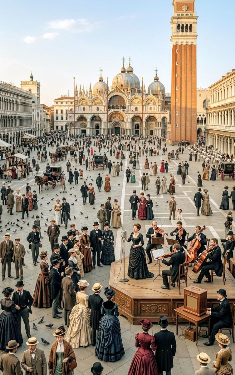 deltaproxik's tweet photo. Plaza de San Marcos, Venecia, 1890. 🎭✨
​Hay un anacronismo técnico que rompe la época por más de medio siglo. ⏱️❌
​Solo los más detallistas lo ven al primer vistazo. ¿En qué minuto lo encuentras? 👇
​#RetoVisual #Venecia #Anacronismo #DesafioMental #FindIt https://t.co/JklfEr6pmz